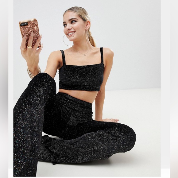 FASHIONKILLA Square Neck Crop Top & Flare Pant Two Piece in Black w/ Glitter - Picture 1 of 16